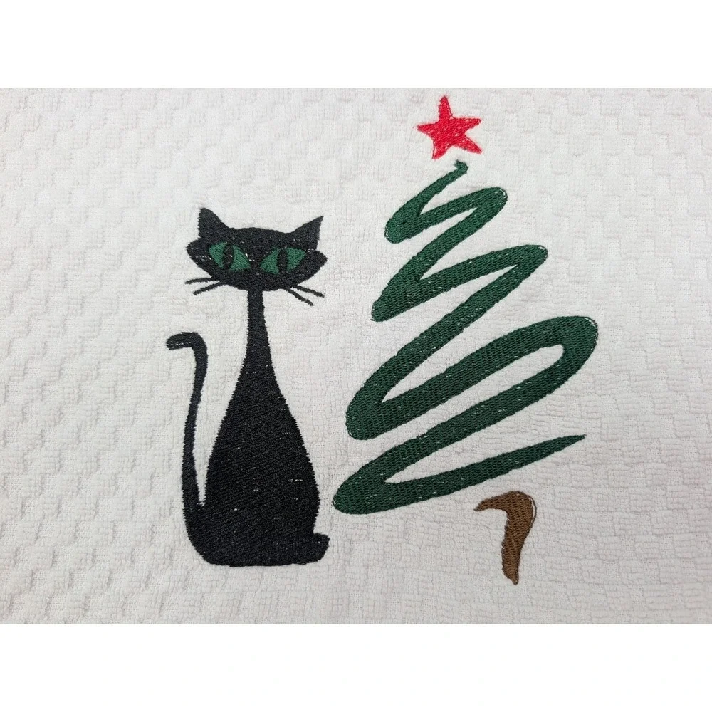Christmas Swirl Tree Retro Cat Mid Century Modern Atomic Kitchen Bath Hand Towel